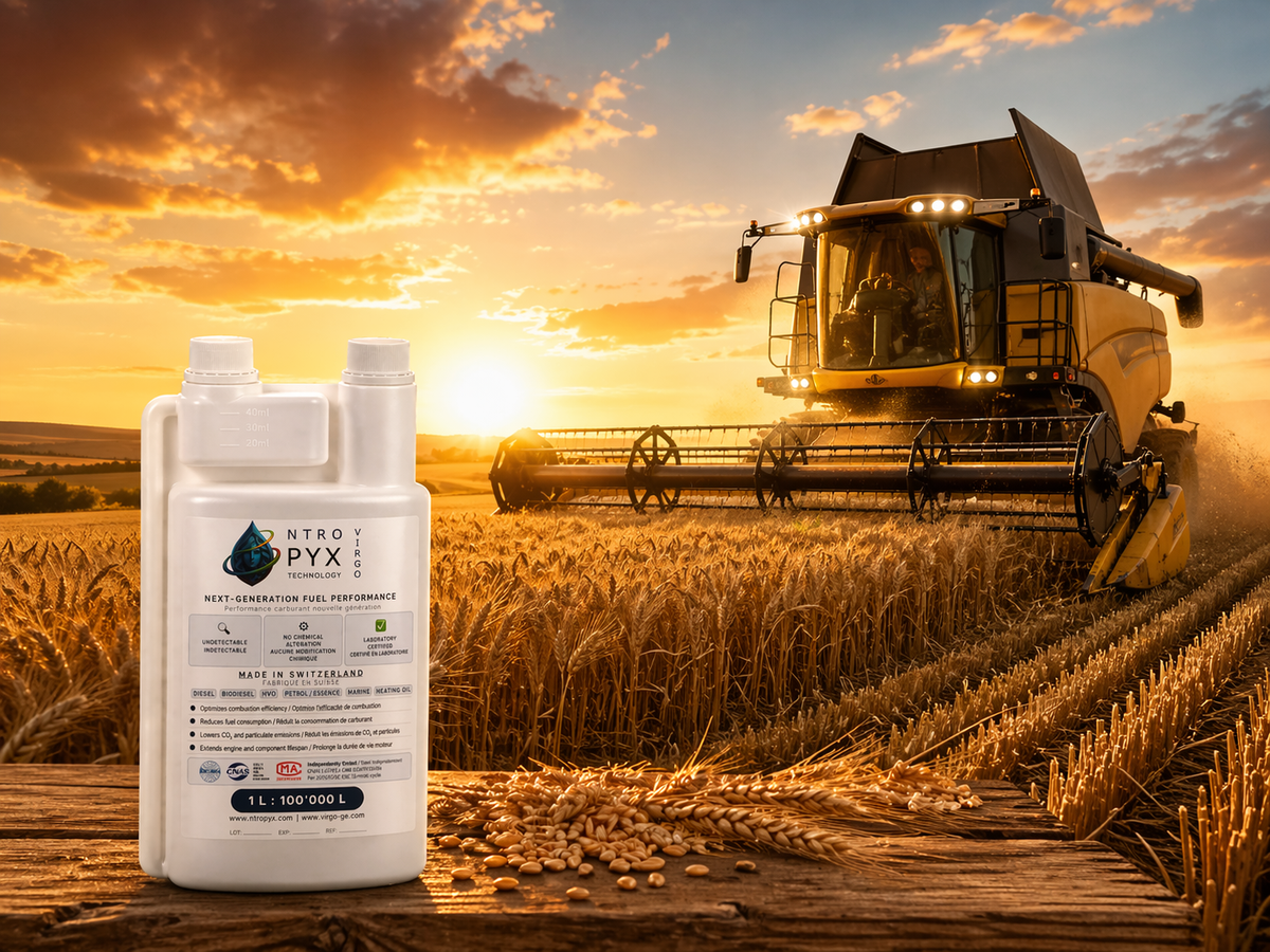 Moissonneuse au travail dans un champ de blé au coucher du soleil, avec bouteille distributrice NTROPYX® au premier plan