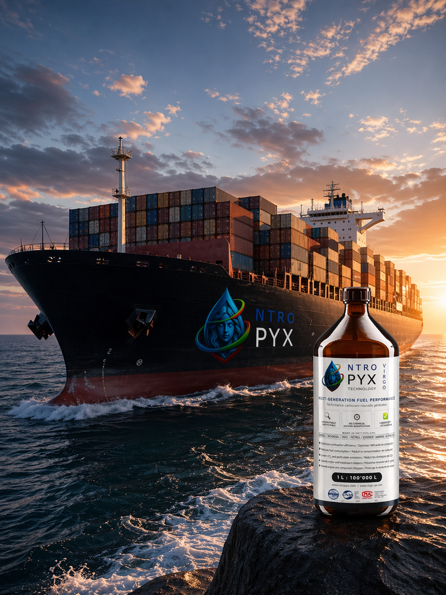 NTROPYX bottle composed with a container vessel at sunset, representing marine shipping application