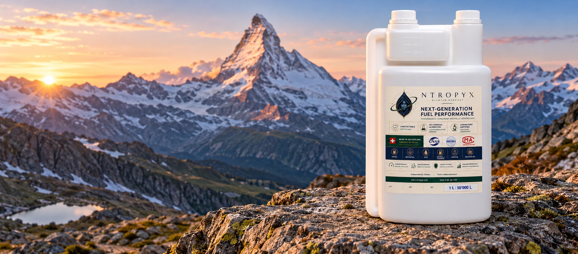 White NTROPYX bottle in an Alpine landscape