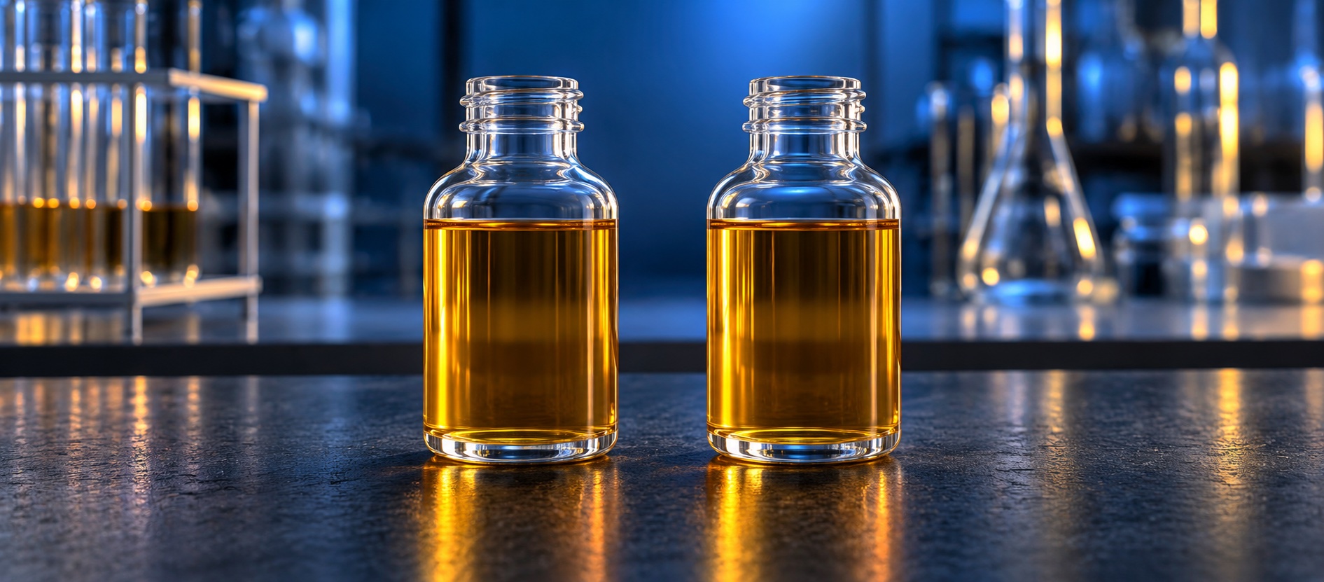 Two identical vials of amber liquid