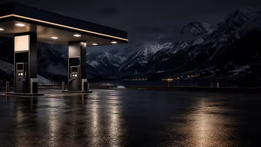 Premium alpine fuel station for cars and light vans at night
