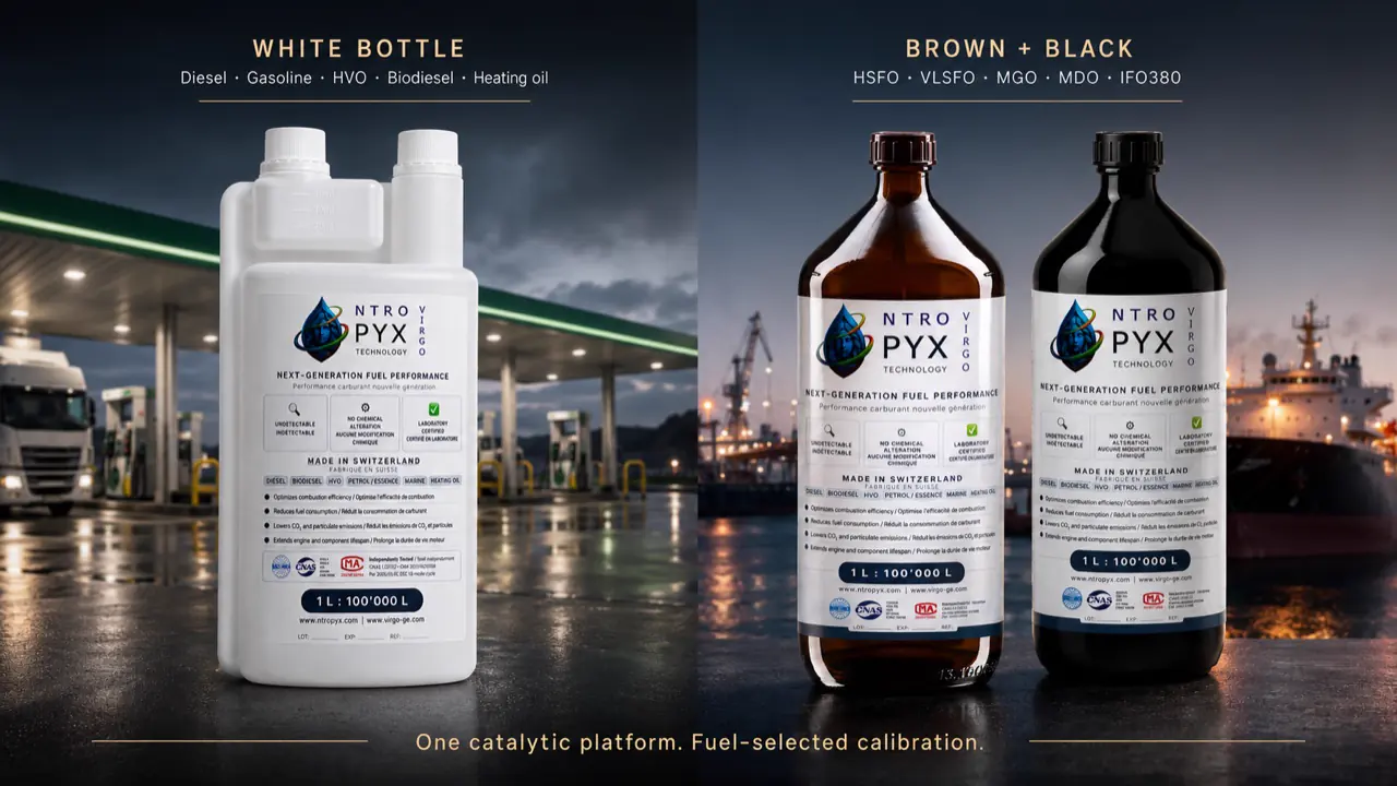 Famille produit NTROPYX : flacon blanc pour carburants routiers et flacons brun et noir pour carburants marins
