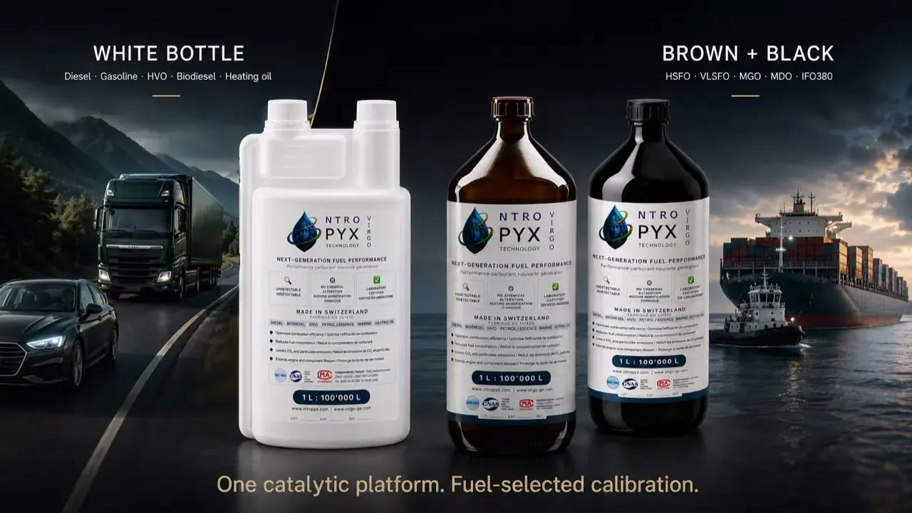 NTROPYX product range: white bottle for road and standard fuels, brown and black bottles for marine fuels