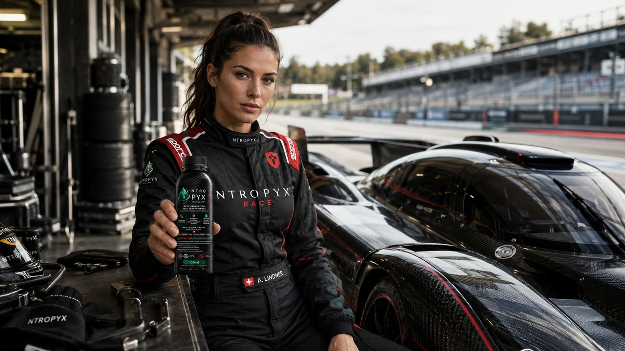 NTROPYX RACE Flasche bei einem Fahrer neben dem Rennwagen in der Box