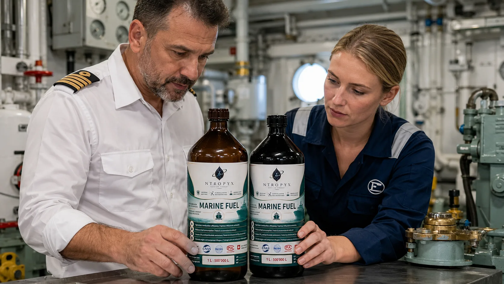 Два судовых офицера осматривают флаконы NTROPYX Marine Fuel в машинном отделении