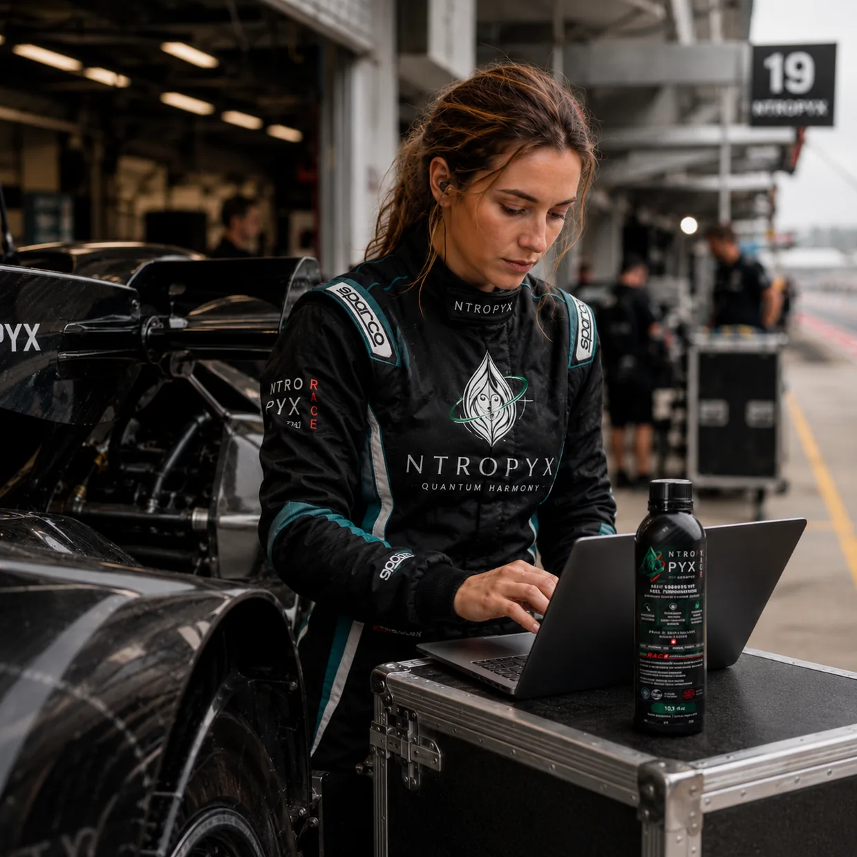Гоночный инженер проверяет измерения рядом с бутылкой NTROPYX Race