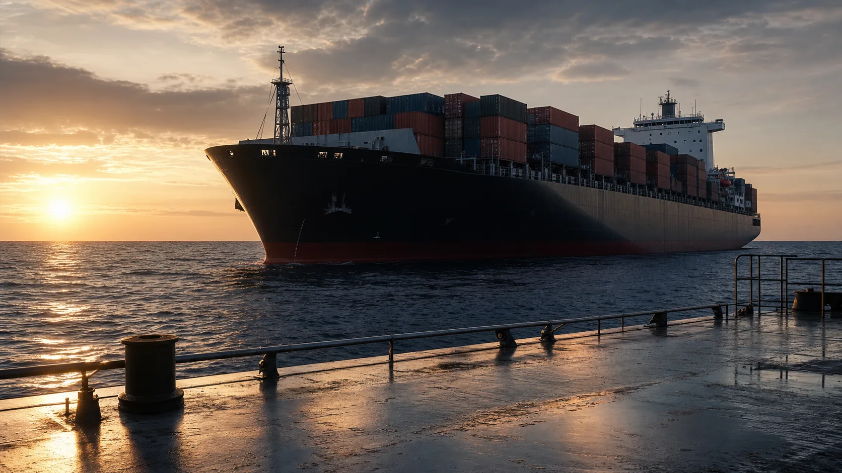 Containerschiff in Fahrt bei Sonnenuntergang, vom Kai