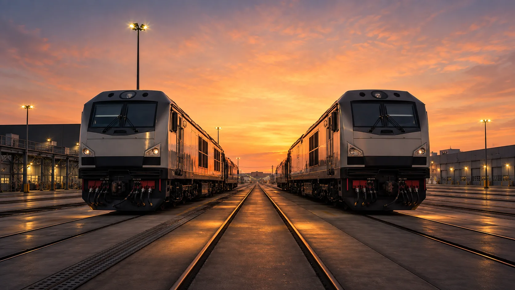 Diesellokomotiven im sauberen Depot bei Sonnenuntergang