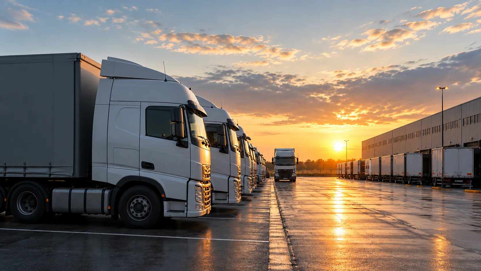 Lkw-Flotte im Depot bei Tagesanbruch