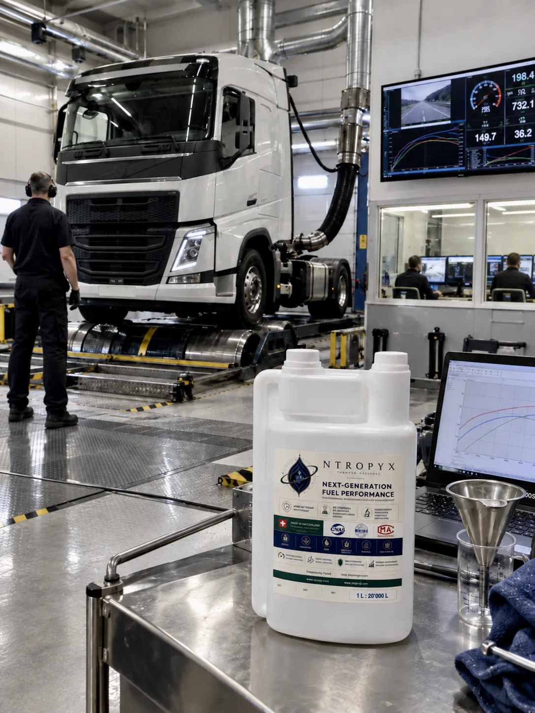 The NTROPYX 1 L : 20'000 L bottle beside a truck on a test bench