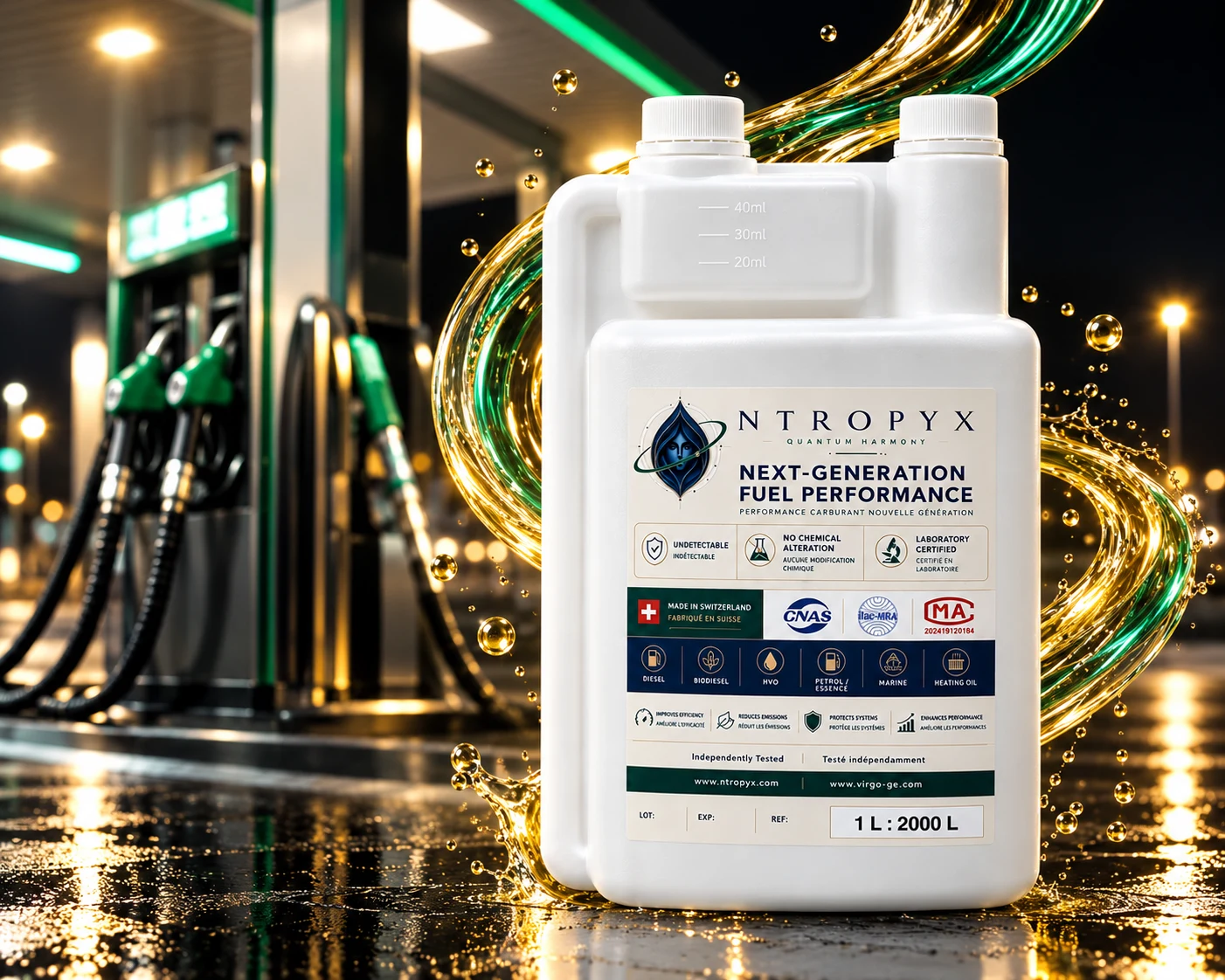 The NTROPYX 1 L : 2000 L bottle beside a fuel pump