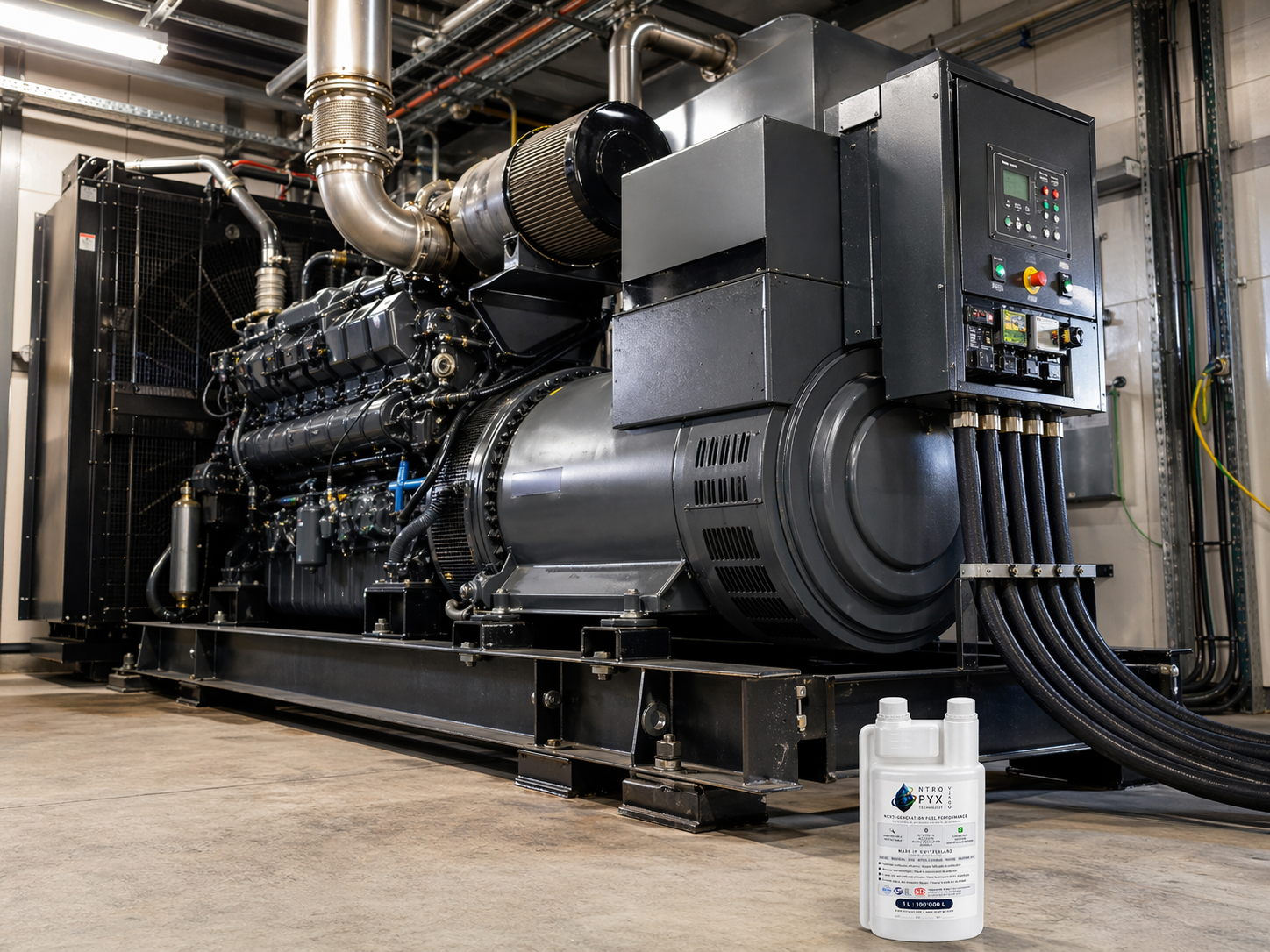 Groupe électrogène diesel en charge avec bouteille distributrice NTROPYX® au premier plan