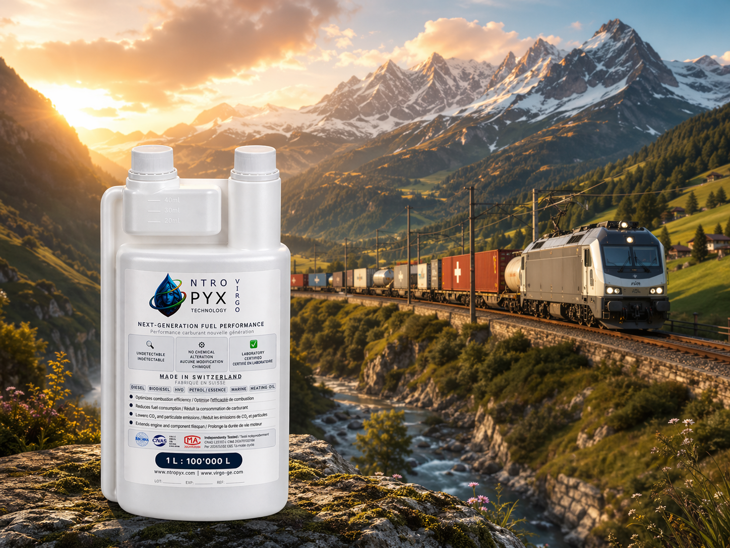 Locomotive diesel sur voie principale au coucher du soleil, avec bouteille distributrice NTROPYX® au premier plan