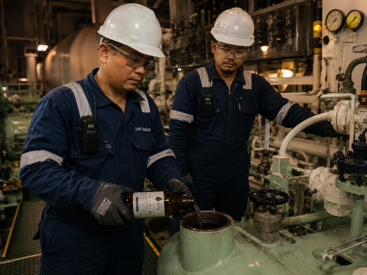 Marine engineer transferring NTROPYX into ship fuel system