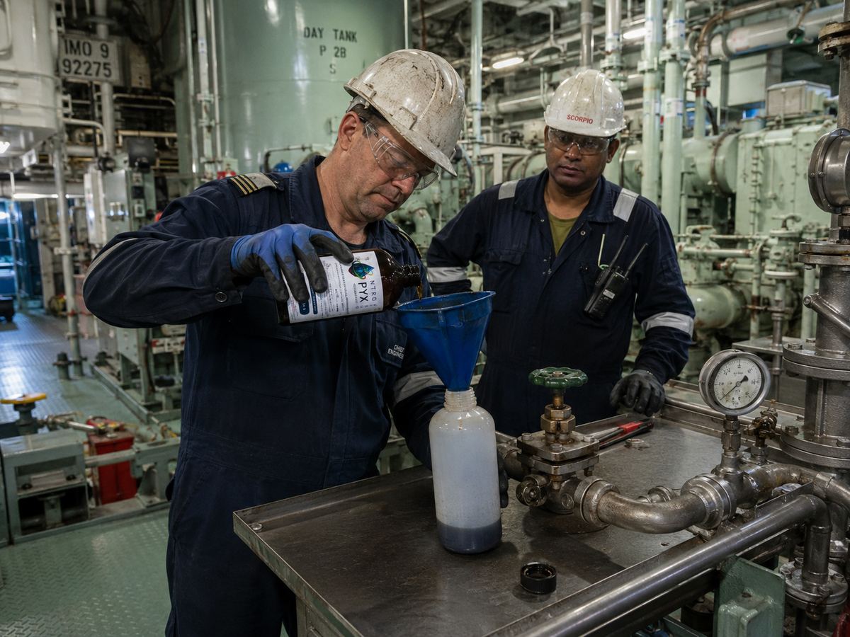 Engineer dosing NTROPYX with funnel — engine room