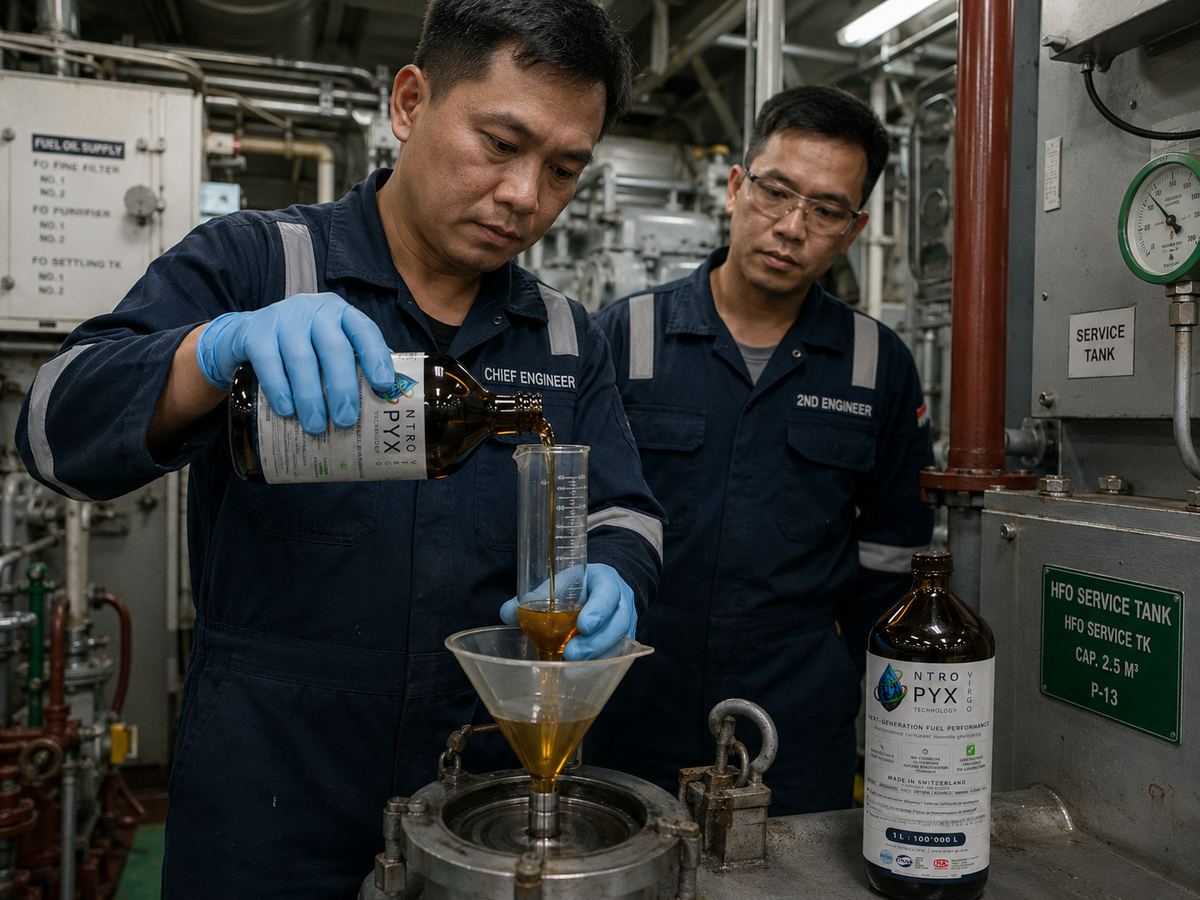 Crew applying NTROPYX inside vessel engine room