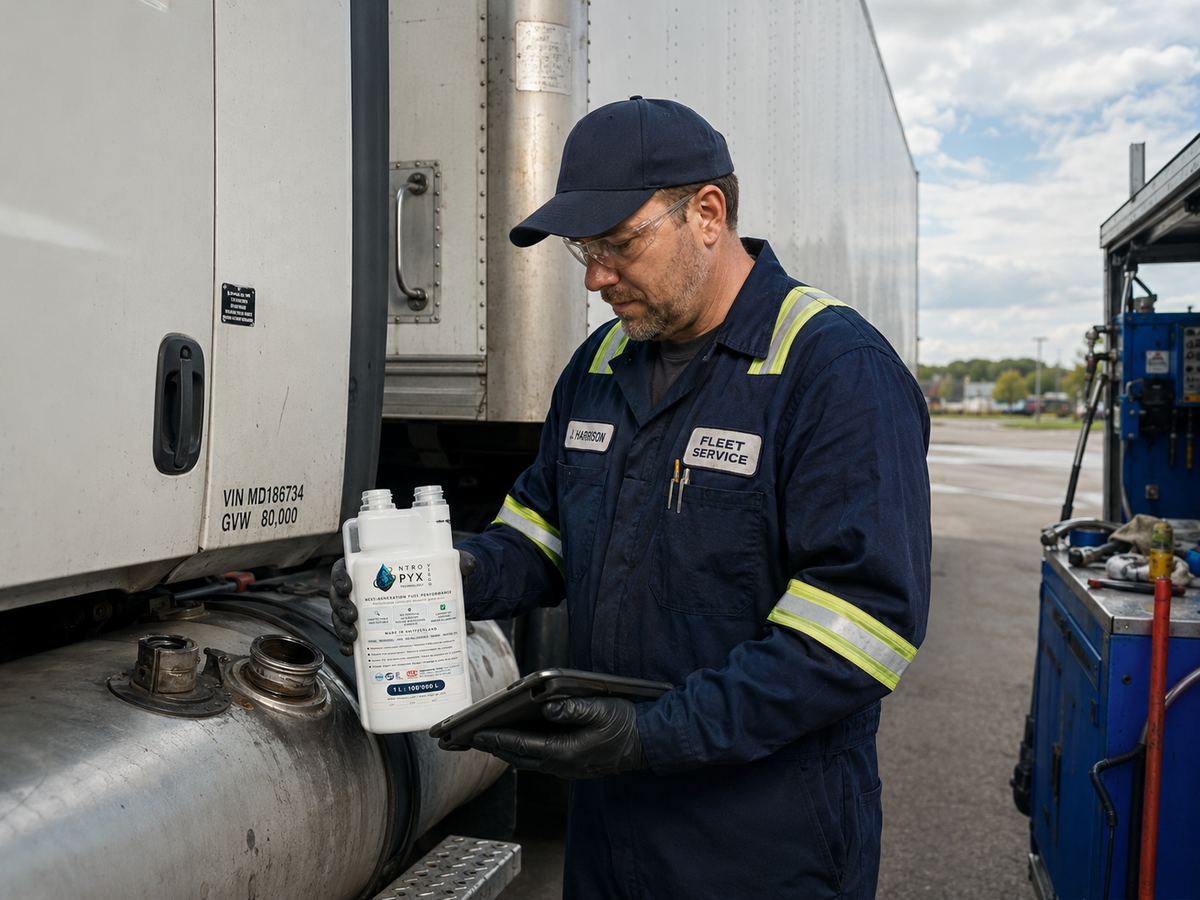Fleet service technician dosing NTROPYX into truck fuel system