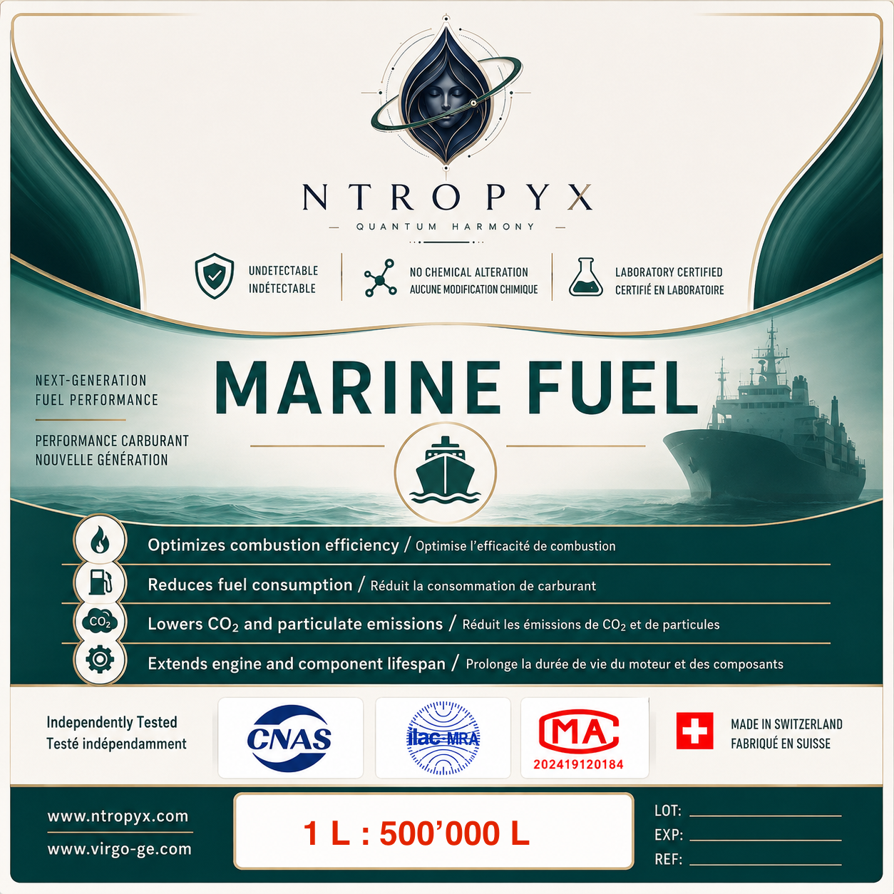 NTROPYX Marine label, 1 L : 500 000 L, with the CNAS, ilac-MRA and CMA marks and Made in Switzerland