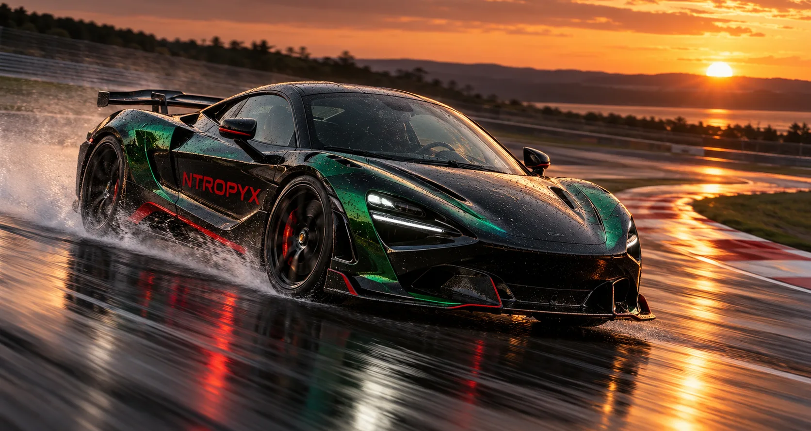 Black sports car with NTROPYX livery on a wet circuit at sunset