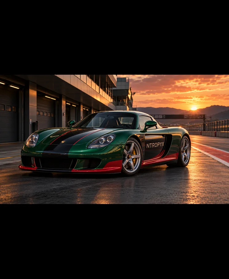 Green and black supercar with NTROPYX livery in the pit lane at sunset
