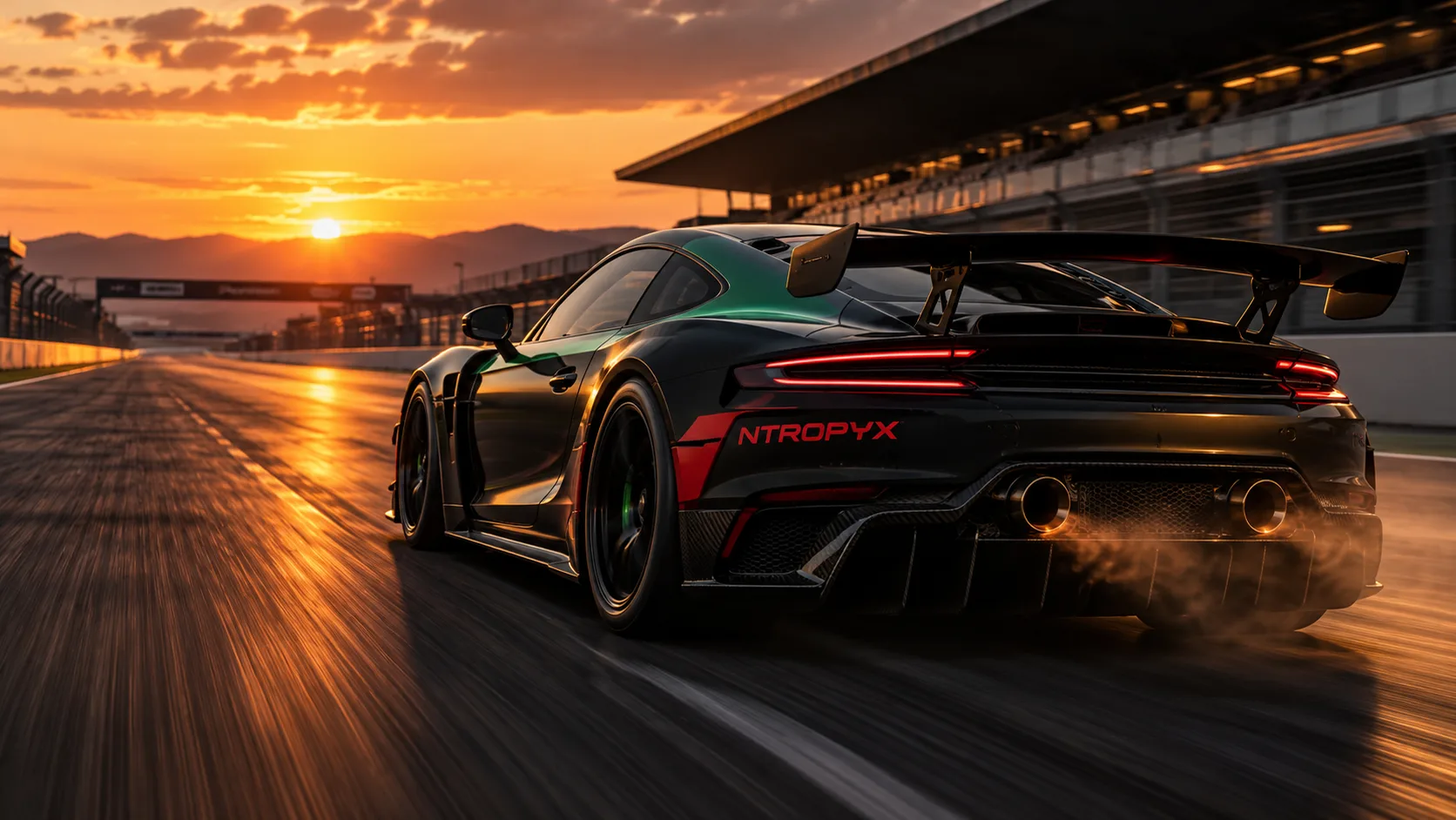 Black sports car with NTROPYX livery accelerating on a circuit at sunset
