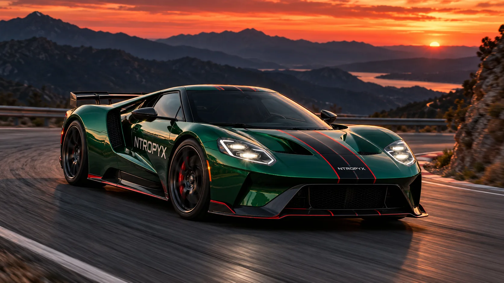 Green supercar with NTROPYX livery on a mountain road at sunset