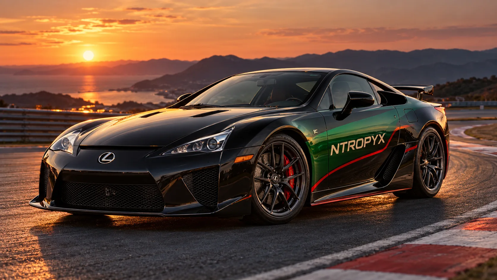 Supercar on a circuit at sunset
